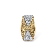 Make a statement with this vintage Kutchinsky ring. Set in 18K yellow gold and adorned with 3.25 carats of sparkling pave diamonds, this exquisite piece hails from 1970s London. Its sophisticated design and radiant diamonds make it a standout addition to any jewelry collection. Available in 18K Yellow Gold Diamond weight = 3.25 carats Ring size = 6 Estimated from the 1970s This item is FINAL SALE Originated in London, England Evening Yellow Gold Diamond Ring With Pave Setting, Gold Diamond Ring For Evening, Yellow Gold Pave Setting Ring For Evening, Evening Yellow Gold Diamond Ring With Accents, Luxury Gold Diamond Evening Ring, Gold Rings With Single Cut Diamonds For Evening, Evening Brilliant Cut Diamond Ring In Gold, Diamond Ring With Pave Setting For Evening, Evening Diamond Ring With Pave Setting