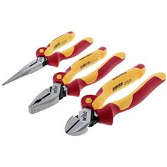 three pliers with red handles and yellow handles