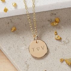 Gold I Love You Necklace, Gold Initials Necklace, Solid Gold Heart Necklace,  Personalised Gold Heart Necklace, Wedding Necklace Couple Initials, Solid Necklace, Initials Necklace, Creative Gifts For Boyfriend, Not On The High Street, Solid Gold Necklace, Initial Necklace Gold, Gold Disc, Necklace Delicate