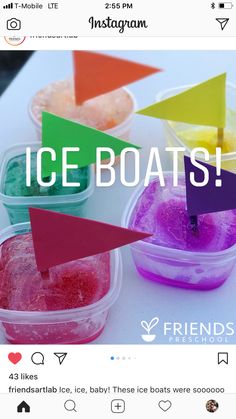 the instagram page for ice boats is displayed with plastic containers filled with colorful liquid