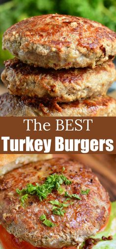 the best turkey burgers with lettuce, tomato and cheese on top are shown