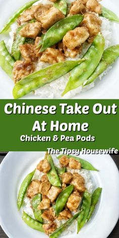 chicken and pea pods are served on rice in this chinese take out at home recipe