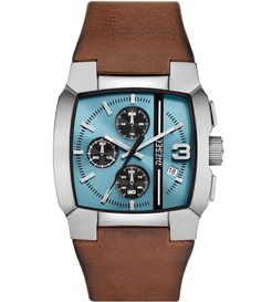 From Diesel&#x2C; this men's watch features:Brown leather strapStainless steel caseBlue sunray dial Single prong strap buckleChronograph movement Case size approx. 40mmCase thickness approx. 10mmWater resistance: 5 ATMImported. Brown Leather Strap Watch, Diesel Men, Leather Strap Watch, Brown Leather Strap, Dillard's, Jeans Brands, Stainless Steel Case, Accessories Watches, Chronograph