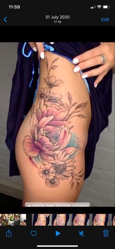 Lower Back Hip Tattoos Women, Color Thigh Tattoos Women, Tattoo Watercolour, Thigh Tats, Feminine Thigh Tattoos, Floral Hip Tattoo, Pop Culture Tattoos, Tattoo Colour