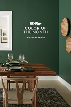 Get grounded with Vine Leaf, our December Color of the Month, a tranquil hue that pairs perfectly with natural accents. Behr Vine Leaf Accent Wall, Vine Leaf Paint Color, Vine Leaf Behr Paint Color Palette, Behr Vine Leaf Paint, Interior Green Paint Colors, Behr Vine Leaf, Green Wall Color Ideas, Kitchen Accent Wall Color, Cabin Sunroom