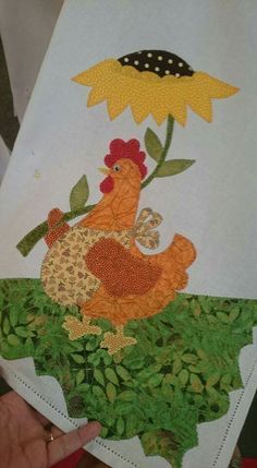 a child's drawing of a chicken holding a sunflower in her hand and sitting on the ground