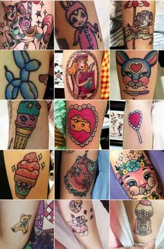 many different tattoos on the legs of people's legs and feet, all with cartoon characters