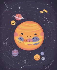 an image of the solar system with cute faces and planets in the space around it