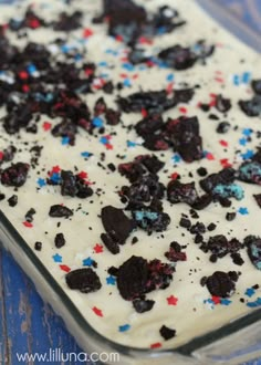 an ice cream dessert with red, white and blue sprinkles on it