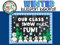 winter bulletin board with snowmen and trees