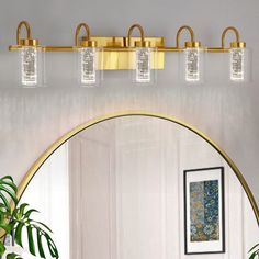 a bathroom vanity with three lights and a mirror on the wall next to a potted plant