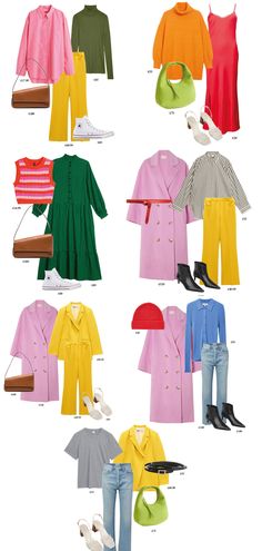 Colorful Smart Casual Outfit, Fall Outfits 2024 Colorful, Dopamine Dressing Capsule, Colorful Minimalist Outfits Women, Fun Color Combinations Outfits, Smart Casual Women Colorful, Dopamine Work Outfits, Bright Spring Work Outfits, Rainbow Capsule Wardrobe