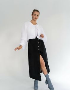 "Bolero" is a shortened jacket made of knit fabric, reaching up to the waist and without buttons. It features 3/4 sleeves.This element can make significant changes to the look or subtly refine the image, filling it with effortless femininity and charm. The model is presented in one size.Product parameters:Length of the garment on the back: 42 cm / 16,5 inSleeve length: 63 cm / 24,8 inChest width: 56 cm / 22 inSeason: Fall/WinterModel height: 168 cm / 66,1 inComposition: 70% PE (polyethylene), 30 White Bolero, Fast Fashion, Fashion Models, Knitted Fabric, Knit Fabric, Fabric, White