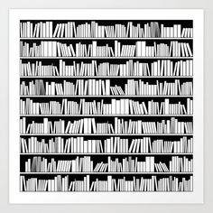 black and white bookshelf pattern art print