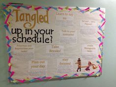 a bulletin board with instructions on how to get tangled up in your schedule for school