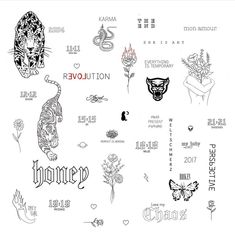 various tattoo designs on a white sheet with the words revolution written in black and white