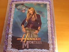 a sheet cake with the likeness of hannah montana on it's icing and frosting