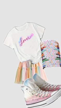 a pair of sneakers, t - shirt and skirt with the word love on it