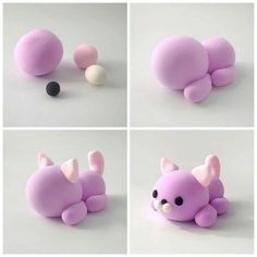 four pictures of different shapes and sizes of toy animals, including a small purple cat