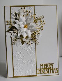 a white and gold christmas card with snowflakes on it's side