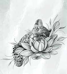 a drawing of a leopard sitting on top of a flower