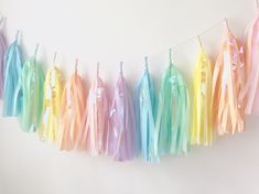 tissue tassels are hung on a string with ribbons attached to the wall,