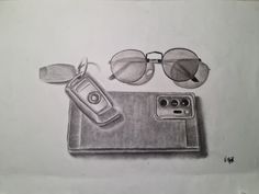 a pencil drawing of sunglasses and a cell phone