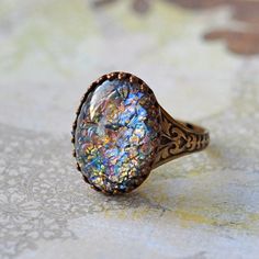 Multi Coloured Glass Opal Ring. Vintage glass on antiqued brass Opal Ring Vintage, Resin Rings, Antique Engagement Ring, Coloured Glass, Vintage Color, Color Stone, Fantasy Jewelry