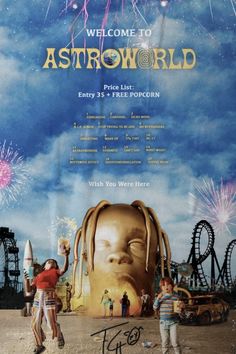 an advertisement for astroworld with kids and fireworks in the background