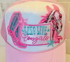 "Long Live Cowgirls" Light Pink/White patch adjustable trucker hat. Trucker Hat Patches, Trucker Hats With Patches, White Trucker Hat, White Patches, Hat Patches, Long Live, Trucker Hats, Trucker Cap, Halloween Shopping