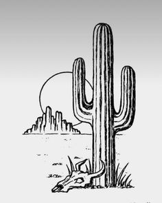 a black and white drawing of a cactus in front of a desert landscape with mountains