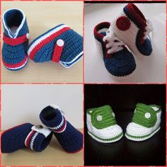 crocheted baby shoes and booties are shown in four different pictures, including one for the infant