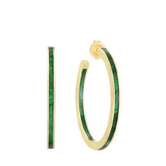 Audrey C. Jewels hoop earrings. Polished 18-karat yellow gold set with enamel. Push-lock backs for pierced ears. Approx. 1.5" diameter. Made in USA. Small Hoop Yellow Gold Enamel Earrings, Yellow Gold Enamel Small Hoop Earrings, Yellow Gold Small Hoop Enamel Earrings, Yellow Gold Small Hoop Earrings With Enamel, Luxury Green Hoop Earrings, Green Enamel Hoop Jewelry, Small Elegant Enamel Hoop Earrings, Yellow Gold Enamel Hoop Earrings, Green Enamel Hoop Earrings