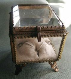 an old fashioned glass box with a cushion on the bottom and legs, sitting on a carpeted floor