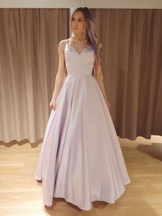 A Line V Neck Backless Pink Long Prom Dresses #prom #promdresseslong #pinkpromdress #backlesspromdress Satin Long Prom Dress, Purple Formal Dress, Prom Dresses Long Pink, Pink Evening Dress, Pink Formal Dresses, Make Your Own Dress, Long Prom Dresses, Rose Lace, Purple Satin