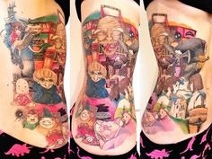 a woman's leg with tattoos on her legs and some pictures on the side