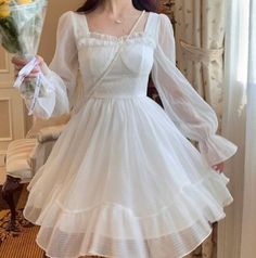 Vintage style long sleeve white dress Long Sleeve Lace Mini Dress, Y2k Mini Dress, Vintage Kawaii, Lace Y2k, Mini Dress Vintage, Dress Korean, Lace Party Dresses, Kawaii Dress, Korean Dress