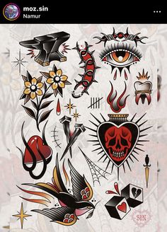 an assortment of tattoos on a white background with red and black ink, including the eye