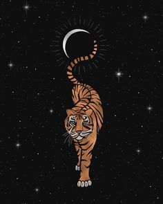 a tiger walking across a night sky with stars and the moon in the middle of it