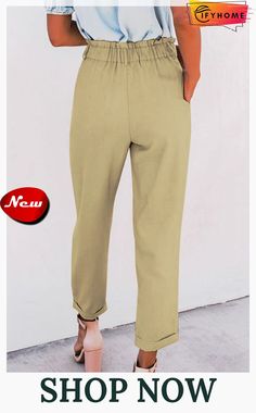 Khaki High Rise Paper Bag Waist Pocketed Casual Pants Casual Pants, Paper Bag, High Rise, On Sale, Pants, Trousers