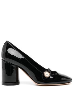 black calf leather patent finish faux-pearl buttons strap detailing round toe 80mm block heel branded leather insole leather outsole Luxury Patent Leather Court Shoes With Block Heel, Elegant Heels With Glossy Finish And Block Heel, Elegant Glossy Block Heel Shoes, Elegant Glossy Block Heels, Pearl Buttons, Black Pumps, Leather Pumps, Pump Shoes, Dream Wardrobe