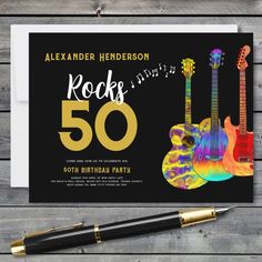 50th Birthday Party Music Guitar Rocks 50 Invitation Postcard 40th Birthday Party Invites, 95 Birthday, 40th Birthday Invitations, Party Music, 40th Birthday Parties