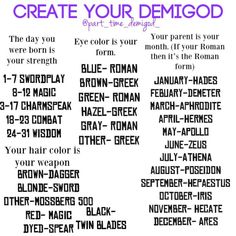 a poster with the words create your demongod in different colors and font on it