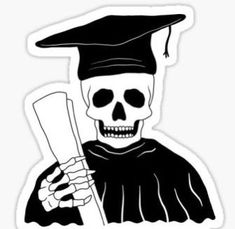 a sticker with a skeleton wearing a graduation cap and gown holding a paper scroll