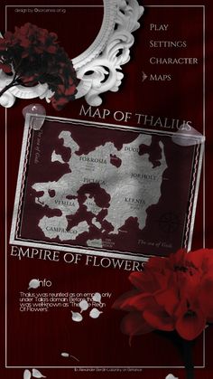 a red and white poster with the words map of thaulis on it's side