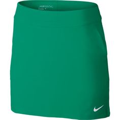 a women's tennis skirt in green with white nike logo on the front and bottom