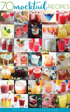 different types of cocktails are shown in this collage with the words, 70 cocktail recipes