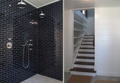 two pictures side by side one has a shower and the other has stairs