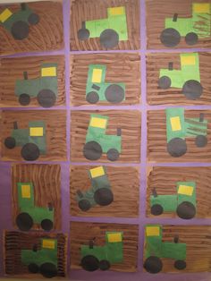 paper cut out of construction vehicles are displayed on a purple background with green and yellow squares