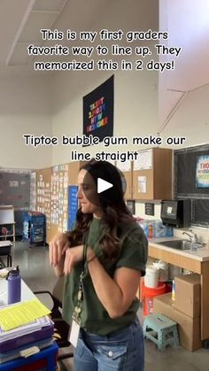 a woman standing in a classroom with her hands on her hips and the caption reads, this is my first grader favorite way to line up they memoed thin in 2 days